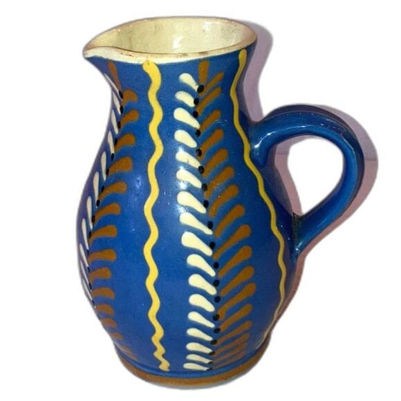 Ceramic Mini Pitcher Jug Italian Handcrafted Blue Yellow Orange Cream 6 x 5 inch - Picture 2 of 6